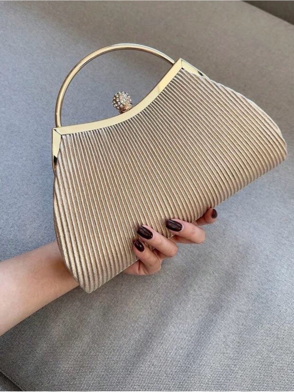 Gold Textured Evening Clutch with Crystal Kiss-Lock Handle